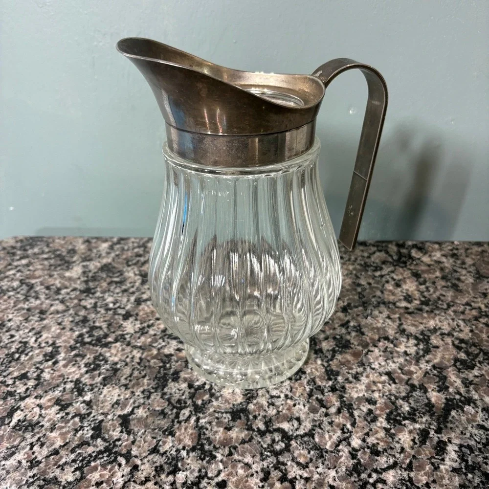 Vintage 1930s Ribbed Glass Pitcher Silver Plated Ice Lip Carafe Made in Italy